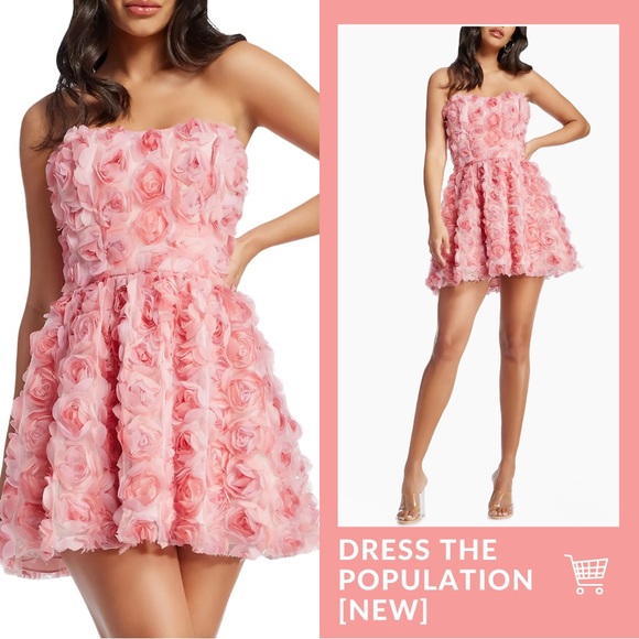 Dress the Population Dresses & Skirts - Dress the Population Dress Sasha Strapless Fit & Flare Mini NEW Pink 3D Floral